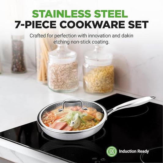7-Piece Cookware Set Stainless Steel - Triply Kitchenware Pans Set Kitchen Cookware w/DAKIN Etching Non-Stick Coating - Small, Medium, & Large Stir Fry Pan with Lid, Wok - NutriChef NC3PLY7S