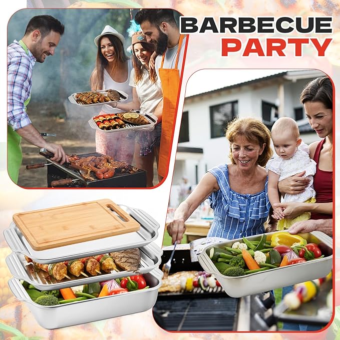 4 Pcs Grill Prep Trays Set Stackable Stainless Steel Grilling Prep and Serve Tray Includes 2 Deep Grill Platter, Shallow BBQ Serving Tray and Bamboo Cutting Board for BBQ Outdoor Grilling