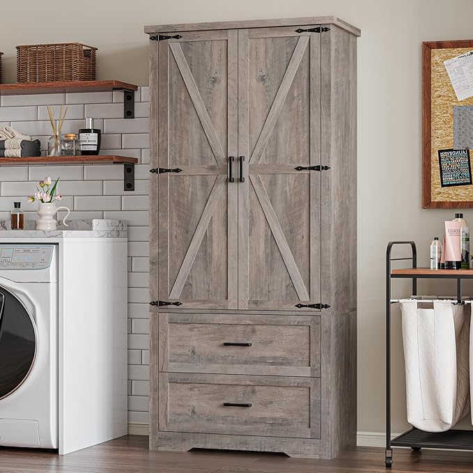 Pantry Organizers and Storage Cabinet, 71” Barn Door White Kitchen Cabinet with Drawers and Adjustable Shelf, Tall Pantry for Kitchen, Dining Room, Living Room. Bathroom and Office