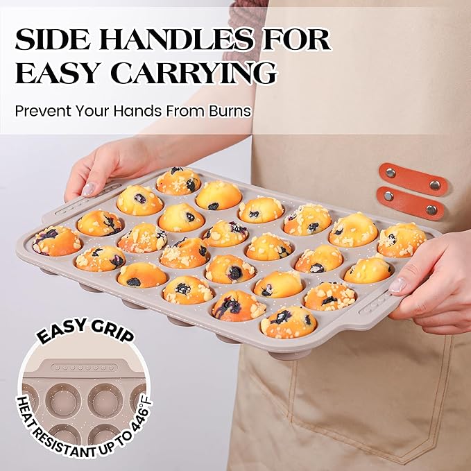 AOTASO 1 Pc Silicone Muffin Pans for Baking with Metal Reinforced Frame, Nonstick Cupcake Tray for Oven, 24 Cups Mini Size Silicone Molds for Egg Bites, Dishwasher Safe (Brown)