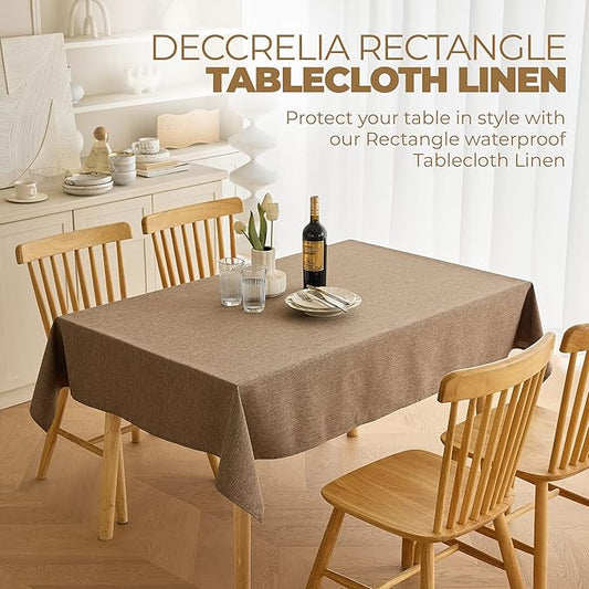 Waterproof Farmhouse Table Cloth for Party Wedding Table, Solid Linen Woven Fall Spill-Proof Tablecloth for Dining Room, Farmhouse, Restaurant (Oblong, 60 x 120 Inch (10-12 Seats), Coffee)