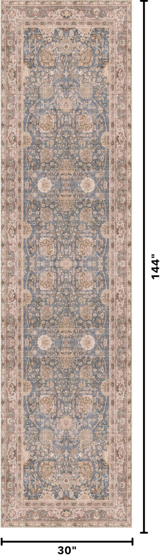 Kuden 2'6"x12 Runner Rug, Machine Washable Area Rug with Non-Slip Backing, Vintage Style, Soft, Easy Clean, Low Pile Rug for Hallway, Entryway, Kitchen, Bedroom