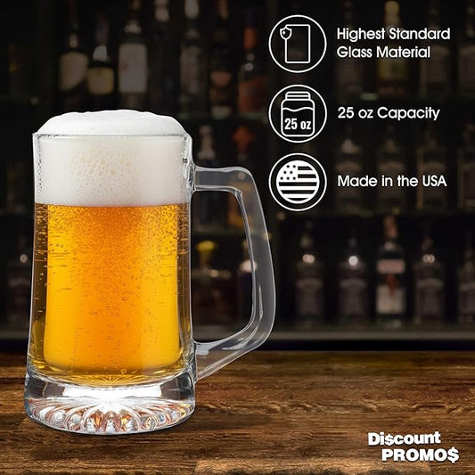 DISCOUNT PROMOS ARC Glass Beer Mugs 25 oz. Set of 6, Bulk Pack - Great for Octoberfest, Pub, Restaurant - Clear
