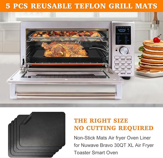 Air Fryer Liners Reusable Teflon Mats Compatible with Nuwave Bravo xl Air Fryer Toaster Smart Oven, Baking Sheet Liners AirFryer Accessories for Nuwave 12-in-1 30qt Oven, 5 Pcs, 9x13 inches