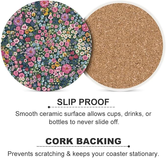 Round-6PCS Floral Ceramic Coasters, Round Absorbent Drink Coasters, Cartoon Abstract Wildflower Nature Plant Colorful Floral Ceramic Table Coasters for Coffee, Beverage, Wine, Beer Coasters
