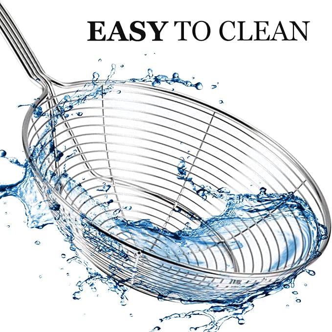 Stainless Steel Spider Strainer, 6.3" Asian Wire Skimmer Ladle for Cooking Frying Food Pasta Spaghetti Noodle Hot Pot, Stay Cool Handle with Hook for Easy Storage, Food Recipe Ebook Included