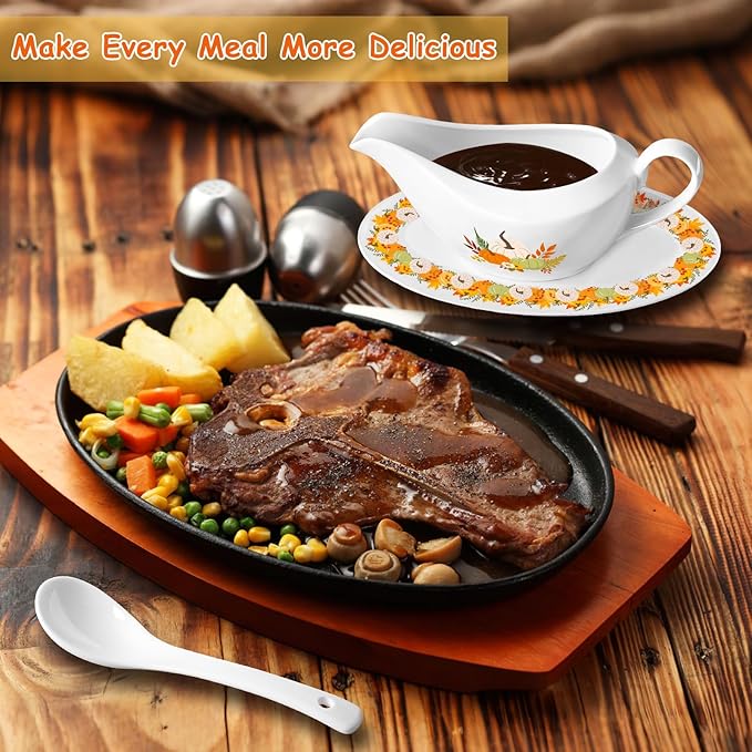 16OZ Thanksgiving Gravy Boat with Ladle and Saucer Ceramic Gravy Boat Thanksgiving Serveware for Salad Dressings, Creamer, Broth, Black Pepper Used at Weddings Parties Christmas or Daily Use