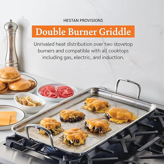 Hestan Provisions Tri-Ply Stainless Steel Double Burner Griddle, 21x13-Inch, with Drip Drain, Induction Compatible