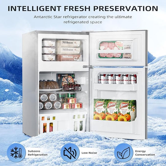 Antarctic Star 3.2 Cu.Ft,Mini Refrigerator with Freezer,Double Door Mini Fridge,Compact Refrigerator,Adjustable Thermostat,Mini Refrigerator for Bedroo/Office/Dorm/Kitchen(GRAY)