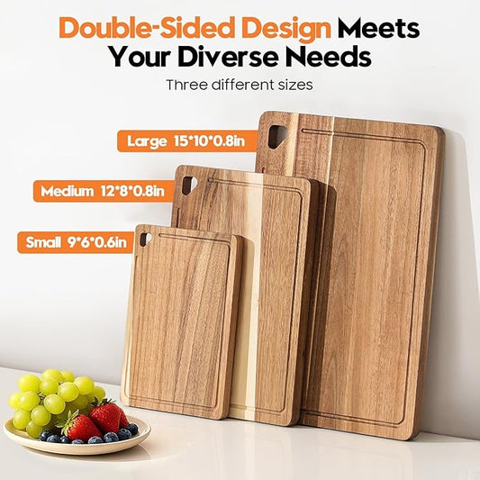 Acacia Wood Cutting Boards for Kitchen Non Toxic, Reversible Wooden Cutting Board with Juice Groove, Wood Chopping Board for Meat, Vegetables and Fruits, Set of 3 (S+M+L)