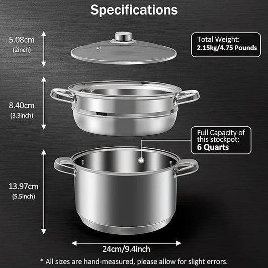 6 QT Stainless Steel Cookware Set, 3-Piece Multipurpose Stock Pot with Steamer Pot and Tempered Glass Lid, Stainless Steel Handle, Work with Gas Electric Induction Stove