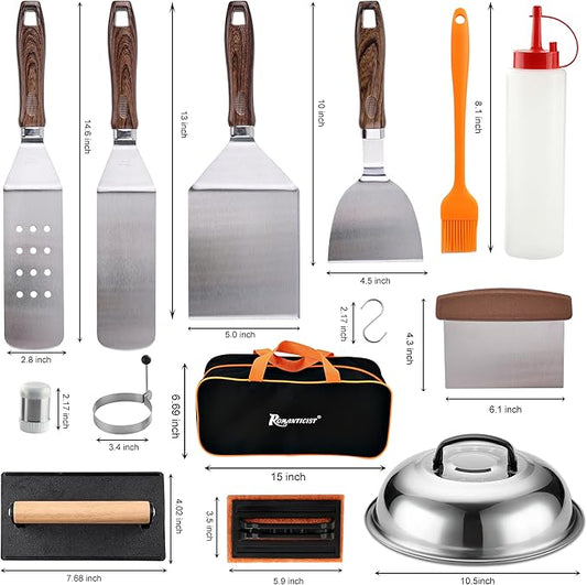 ROMANTICIST 29PCS Griddle Accessories Set - Flat Top Teppanyaki Spatula Set with Scraper, Basting Cover for Camp Chef- Home Cooking Griddle and Outdoor BBQ Gifts for Christmas