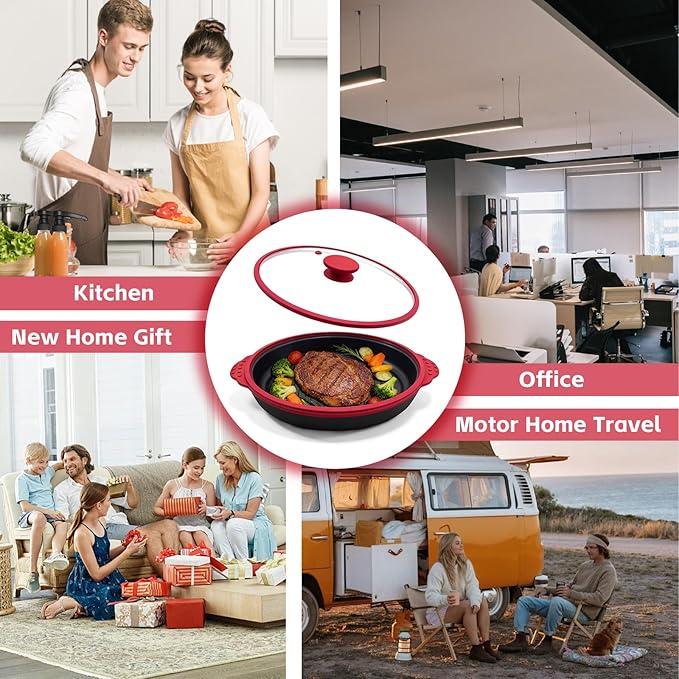 Microwave Grill Pan With Cover, Microwave Bacon Cooker, Portable Microwave Cookware For Grill Meat, Sandwich & Vegetable Dishwasher Safe (Round-Red-Glass Lid)