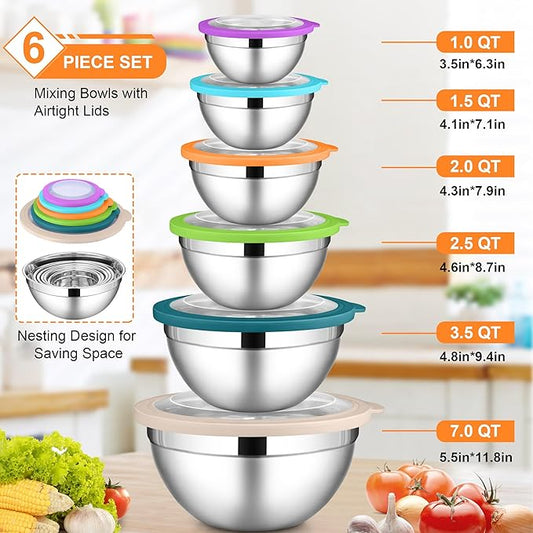 LIANYU Metal Mixing Bowls with Visible Lid Sets of 6, Large Size 7, 3.5, 2.5, 2, 1.5, 1QT, Stainless Steel Nesting Serving Bowl for Kitchen, Baking, Storage, Food Prepping, Cooking, Multi-Color