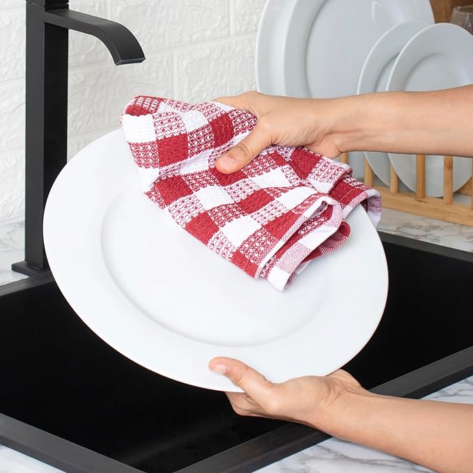 Blue Needles Waffle Weave Check Plaid Kitchen Towels, 15x25 Inches 100% Cotton Set of 6 Dish Towels for Kitchen, Soft & Absorbent for Quick Drying with Hanging Loop Spring Summer - Burgundy & White