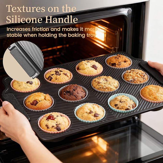 Kikcoin 2 PCS Stackable Baking Pans Set, Non-stick Bakeware Sets with Silicone Handles, 450°F Oven Safe Muffin & Donut Pan for Baking, Easy Release Heavy-duty Baking Sheets Non Stick, Black