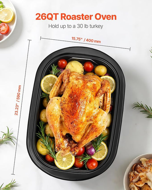 VEVOR Roaster Oven, 26QT Electric Roasting Pan, 150-450℉ Adjustable Temperature Fast-Cooking Turkey Roaster with Cool-Touch Handle, Visible Self-Basting Lid, Defrost & Warm Function, Fits 30lb Turkey