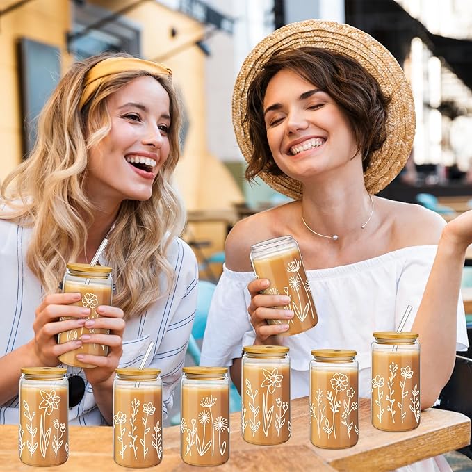 Mumufy 8 Pack Bridesmaid Glass Tumbler Gifts Boho Floral 16oz Iced Coffee Cups with Bamboo Lids and Straws Elegant Bridal Party Proposal and Wedding Shower Gifts