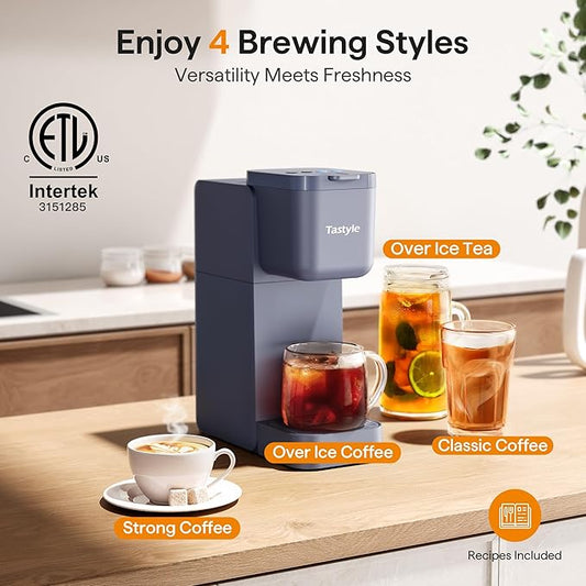 Tastyle Single Serve Coffee Maker for K Cup, Ground and Tea, Hot and Iced Coffee Machines with Bold Setting, 6 to 16 Oz Brew Sizes, Compact for Small Spaces, Gray (2.0 Version)