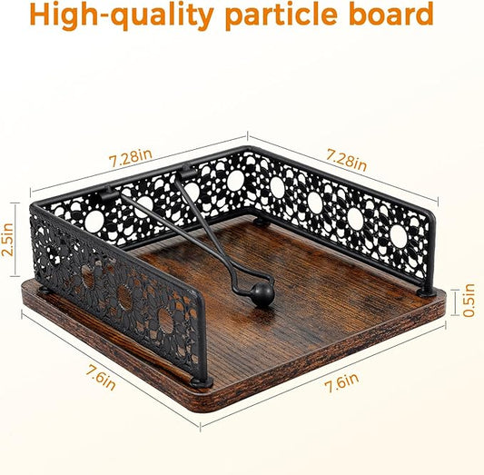 Wooden Napkin Holder for Table, Farmhouse Napkin Holder with Weighted Arm Iron Ball, and Vintage Sunflower Edging for Kitchen, Home, Countertop, Bar, Restaurant (Black Iron with Wood)