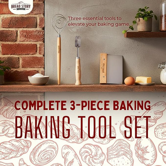 Danish Dough Whisk Set – Wooden Scraper & Lame Scoring Tool | Sourdough Whisk & Mixing Tool Kit | Bread Utensils for Homemade Bread, Pizza, Pastry | Stainless Steel & Wood