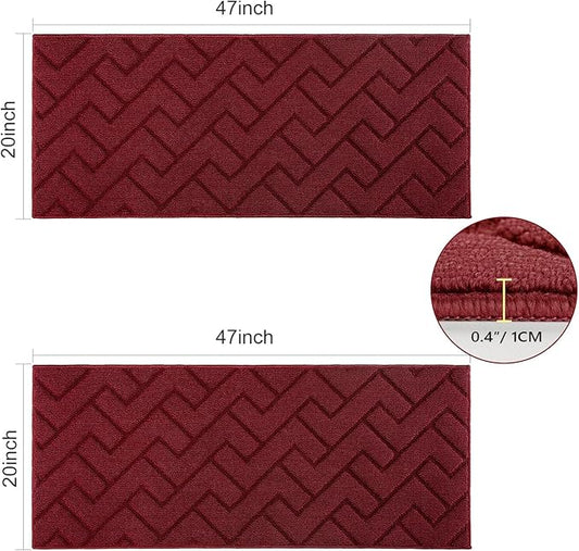 hicorfe Kitchen Rugs and Mats Sets,Non-Slip 2 Pieces Absorbent 100% Polypropylene Rug,Comfort Kitchen Runner Mat,Washable for Kitchen,Sink,Laundry(20" x 48"+20" x 48",Red)