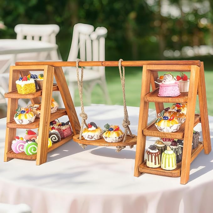 Wooden 3 Tier Cupcake Stand, Rustic Cupcake Display Stand for Dessert Table, Foldable Serving Tray Tower for Party, Wedding, Birthday, Baby Shower, Holiday Events