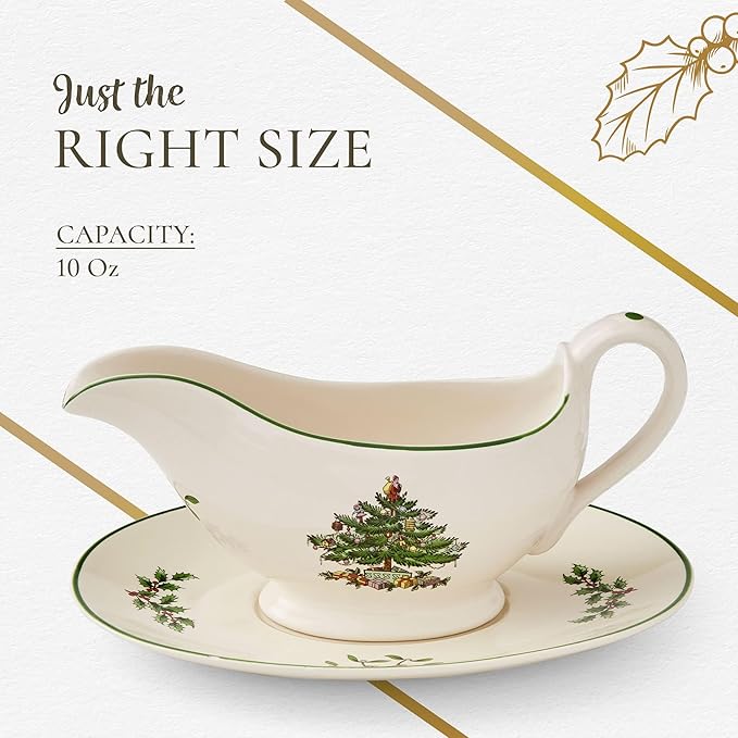 Spode Christmas Tree 9 Oz Gravy Boat & Stand - Festive Stoneware Sauce Boat with Tray for Holiday Gatherings, Serveware for Gravy, Sauces & Syrups - Microwave, Dishwasher & Oven Safe