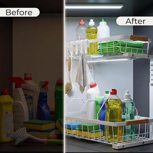Under Sink Organizer, 2 Pack, 2 Tier Sliding L-Shaped Carbon Steel Rack with Adjustable Height, Motion-Activated LED Lights, Dividers & Hooks (White)