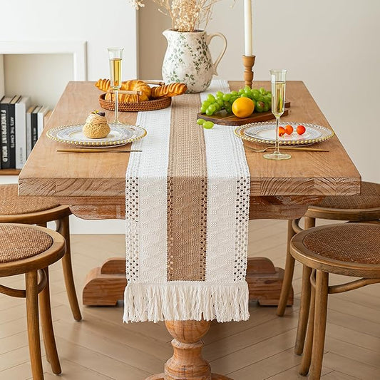 FEXIA Boho Table Runner for Fall Home Decor with Tassels 72 Inches Long Farmhouse Rustic Table Runner Macrame Burlap Table Decoration for Living Room Bridal Shower(12x72 Inches)