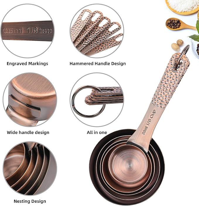 Smithcraft Measuring Cups and Spoons Set 12, Copper Measuring Cups and Spoons for Dry & Liquid, Stainless Steel 5 Measure Cup & 6 Measure Spoons w/Leveler for Kitchen&Baking