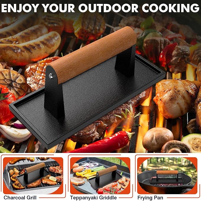 LLAMA VIVA 8.5"*3.1" Smash Burger Press, Cast Iron Grill Press with Wood Handle - Rectangle, Juicy and Crispy Burgers for BBQs, Cookouts - 1Pcs