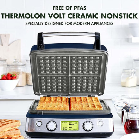 GreenPan Elite 4-Square Belgian & Classic Waffle Maker,Healthy Ceramic Nonstick Dishwasher Safe Plates, Adjustable Shade/Crunch Control, Wont Overflow, Easy Cleanup Breakfast, PFAS-Free, White