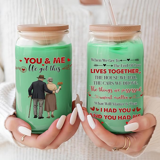 16 Oz Glass Cups with Lids and Straws You and Me We Got This Iced Coffee Cup Couple Glass Drinking Jar Beer Soda Tea Cocktail Wedding Anniversary Valentines Gift for Him Her Spouses Love