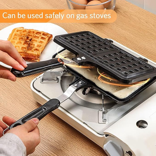 Agatige Stovetop Waffle Maker, Portable Aluminum Dual Head Nonstick Cast Iron Belgian Waffle Maker for Panini Sandwich Toaster Breakfast Snacks Cooking Baking Tool, 13.19x8.46in