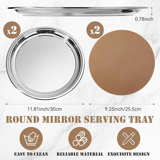 LemonRoad 2 Set Round Silver Mirror Decorative Tray 11.81 Inches Stainless Steel Metal Serving Tray Mirrored Finish Circular Bar Platter with Anti Slip Mat Vanity Kitchen Organizer for Home