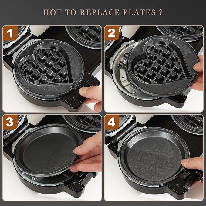 Mini Waffles Maker with 8 Removable Plates, 4 in 1 Double Small Waffle Maker Mini- Classic Waffle, Heart Waffle, Griddle, Donut, 5" Non Stick Waffle Iron for Kids and Families, Black