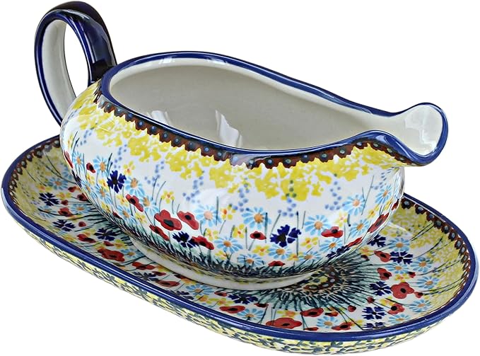 Blue Rose Polish Pottery - Yellow Prairie Garden Gravy Boat & Plate - 1.5 Cup Capacity - Perfect Gravy Boat for Holiday Dinners, Dinner Parties, and Everyday Dining