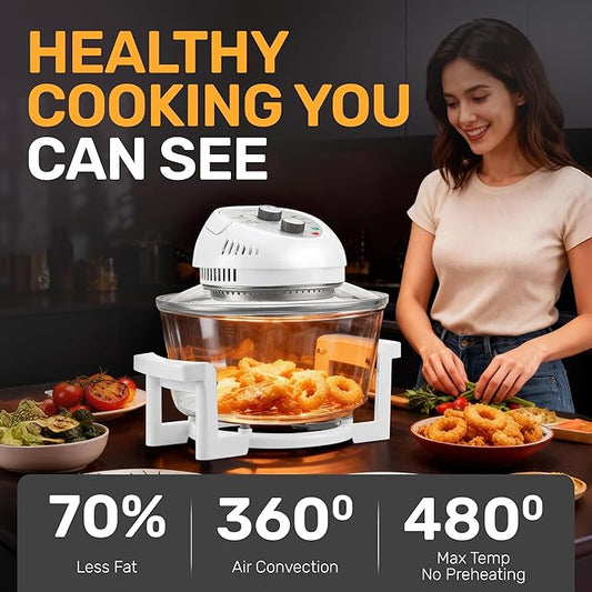 Big Boss 16Qt Large Glass Air Fryer Non Toxic – Family Sized Large Halogen Oven Cooker with 3 Cooking Sections, Stainless Steel Racks, French Fries, Chicken, No Preheat, Self Cleaning, Dishwasher Safe