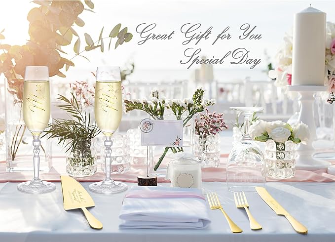 Wedding Cake Knife and Server Set with Forks, Classical Style Crystal Champagne Flutes Toasting Glasses for Bride and Groom, Wedding Gifts for Couples, Engagement and Bridal Shower Gifts