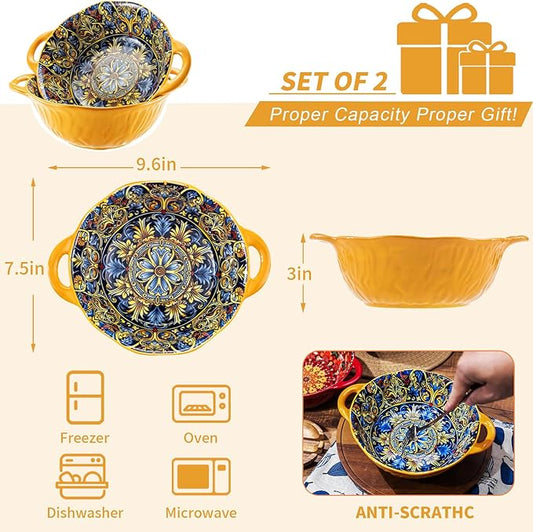Boho Ceramic Serving Bowls with Handles Set of 2, Ceramic Large Serving Bowls, 40 Oz Porcelain Salad Bowls, Large Serving Dishes for Entertaining, Nesting Mixing Bowls for Soup,Stew,Fruits,Dinner
