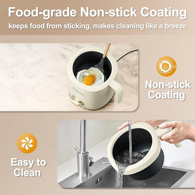 TOPWIT Hot Pot Electric Pot for Cooking, Ramen Cooker 1.2L, Non-Stick Portable Noodles Cooker for Pasta, Soup, Steak, Oatmeal, College Dorm Room Essentials, Shabu Shabu Pot with Power Adjustment,Beige