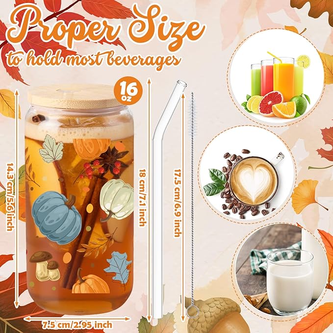 Sliner 2 Pcs Thanksgiving Glass Cups Pumpkin Maple Leaves Drinking Tumbler Fall Gifts 16 oz Iced Coffee Cup with Lid Straw Cleaning Brush for Autumn Home Office Holiday Decorations