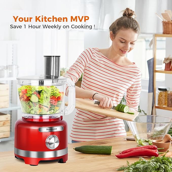Homtone 16 Cup Food Processor Large, 9 Functions 7 Blades 3 Speeds for Shredding, Slicing, Making French Fries, Chopping Meat, Kneading Dough & Emulsifying, 600W