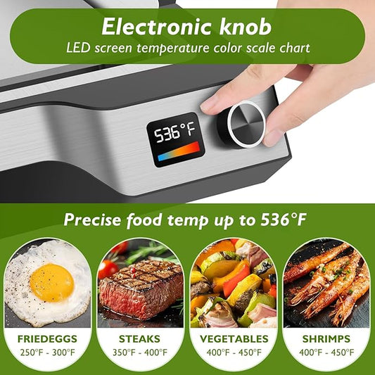 Electric Griddle Indoor, 14" Adjustable Temp Control 536° Electric Flat Top Grill, 5MM Stainless Steel Plate Even Heat Retention, Removable & Dishwasher Plates Electric Grill for Indoor Outdoor