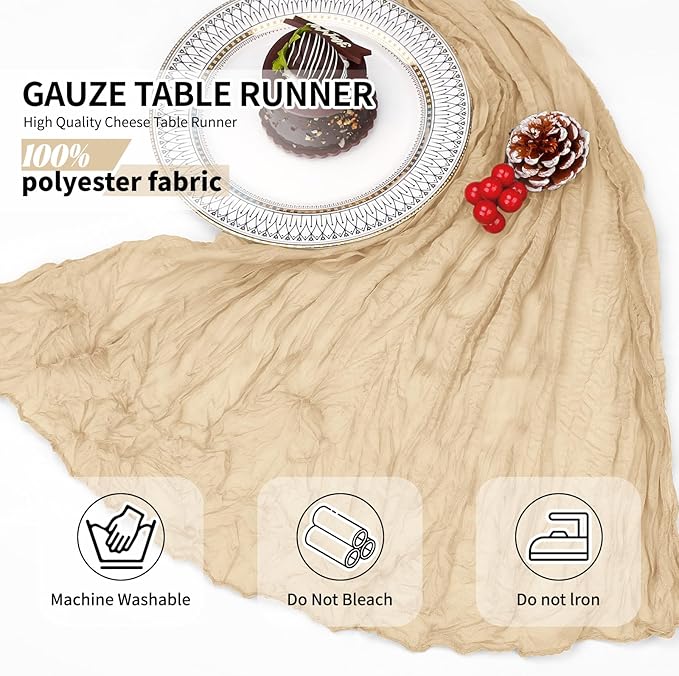 12 Pack Beige Cheesecloth Table Runner 10Ft, Gauze Table Runners 21.5 x 120 inch,Semi Sheer Cheese Cloth Fabric Runner Bulk for Wedding,Party,Baby Shower,Bridal Shower