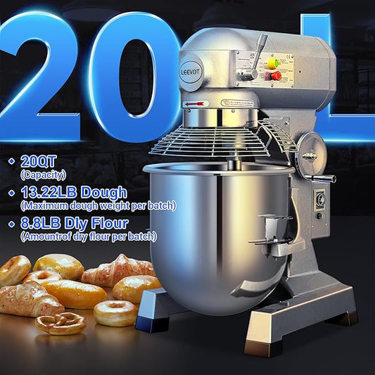 EKway 20Qt Commercial Stand Mixer with Timing Function,1100W Commercial Mixer 3-Speed Adjustable,Electric Stand Commercial Dough Mixer with Stainless Steel Bowl for Bakery Pizzeria