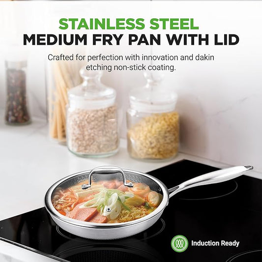 NutriChef 10” Non-Stick Stainless Steel Frying Pan with Lid, Triply Stainless Steel Cookware, Etched Non-Stick Coating, Oven & Induction Safe, Premium Stainless Steel Frying Pan, PFOA/PFOS Free
