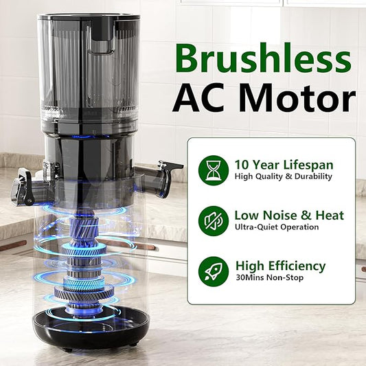 Juicer Machines, Cold Press Juicer with 5.3" Extra Large Feed Chute and Powerful AC Brushless Motor Fit Whole Fruits & Vegetable, High Juice Yield, BPA Free, Extra one Replace juicer strainer