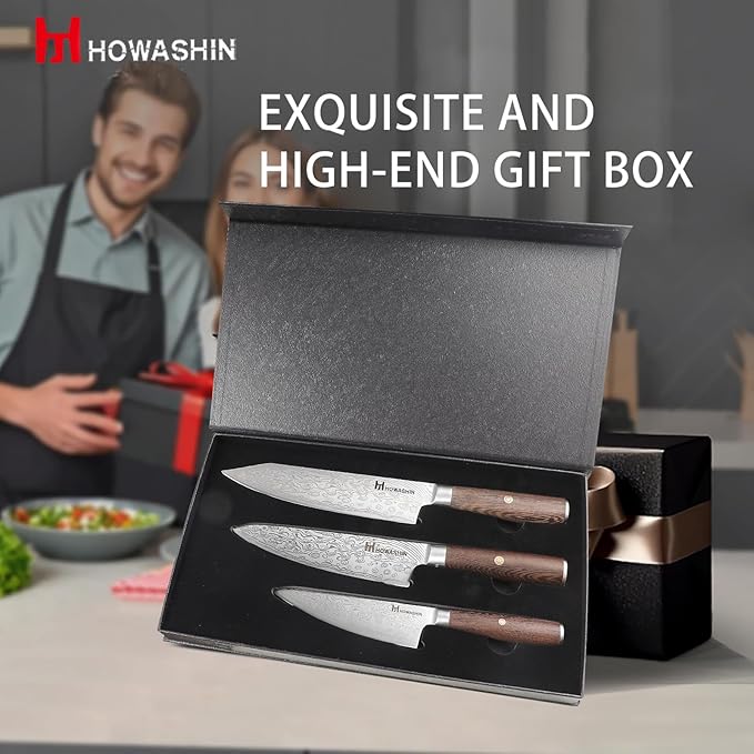 3PCS Chef Knife Set, Japanese Knife Set, Sharp High Carbon Stainless Steel Forged Blade Professional Kitchen Knives Set with Ergonomic Handle,Damascus Knives Set for kitchen with Gift Box